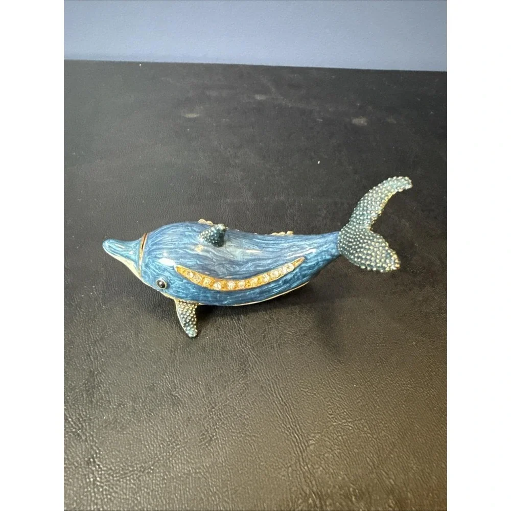 Enamel Trinket Box‎ Blue Dolphin Porpoise Fish Rhinestones Ocean Beach 3 1/2